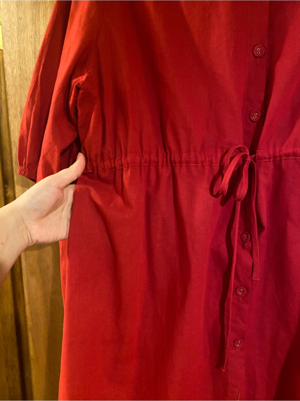 Red Linen Button-Up Drawstring Dress - Picture 3 of 4